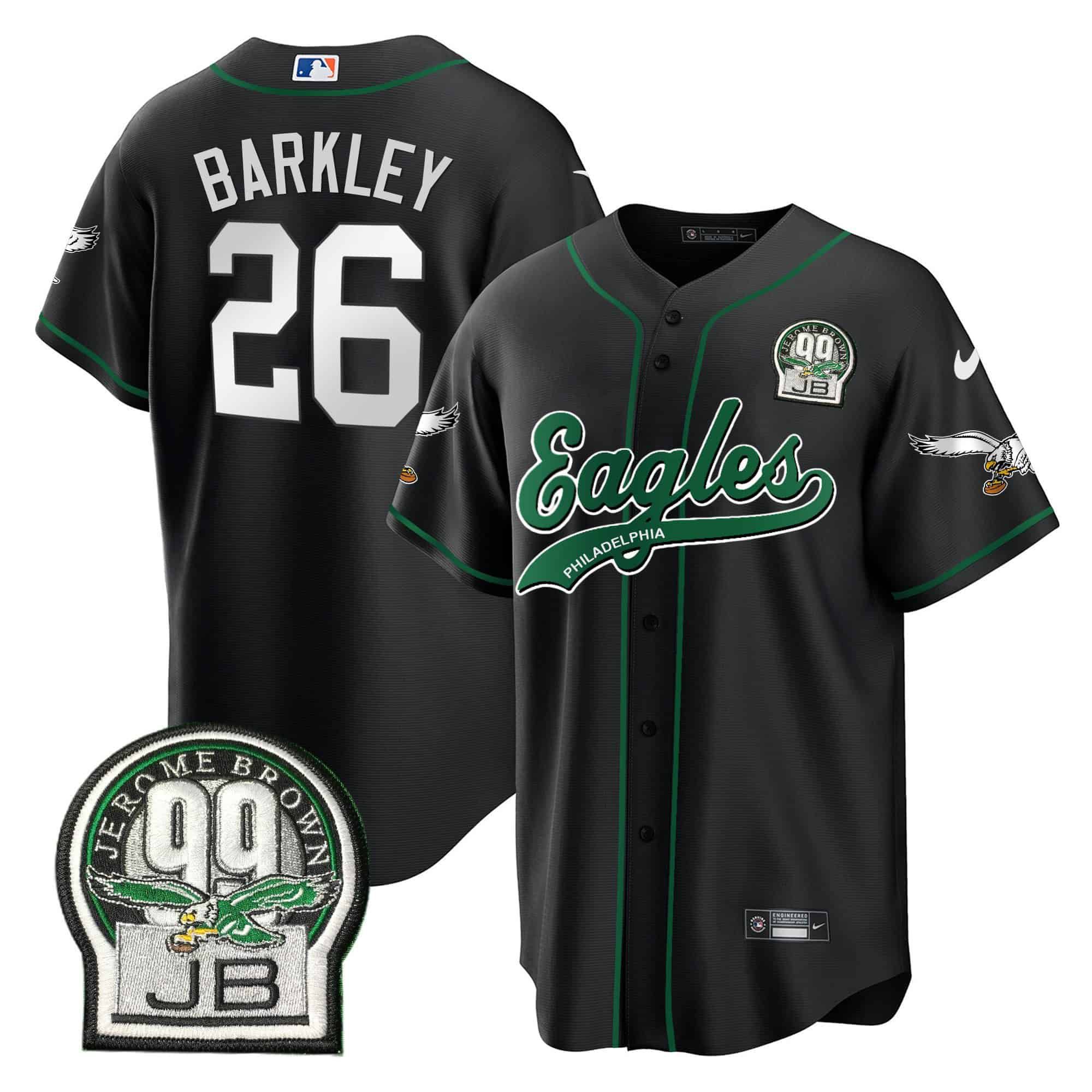Men Philadelphia Eagles 26 Barkley Black 2024 Nike Jerome Brown Retired Patch Baseball NFL Jersey